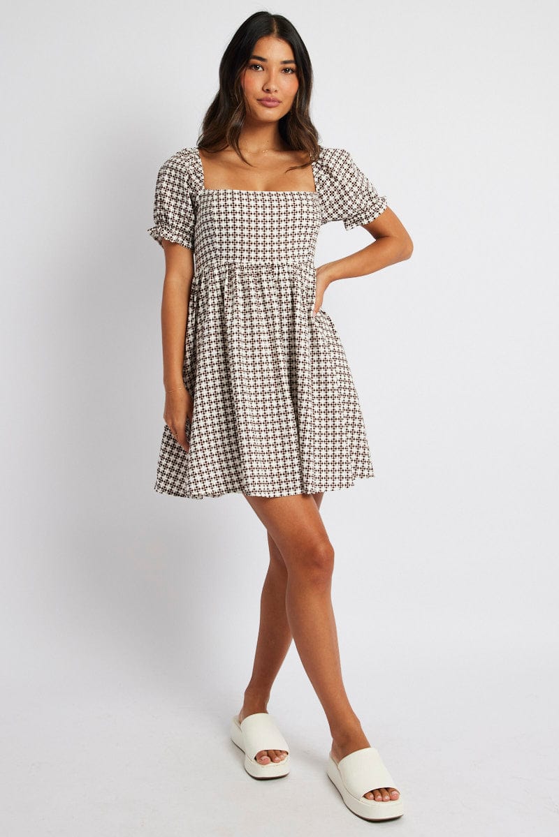 Brown Geo Fit and Flare Dress Short Sleeve - Image 2