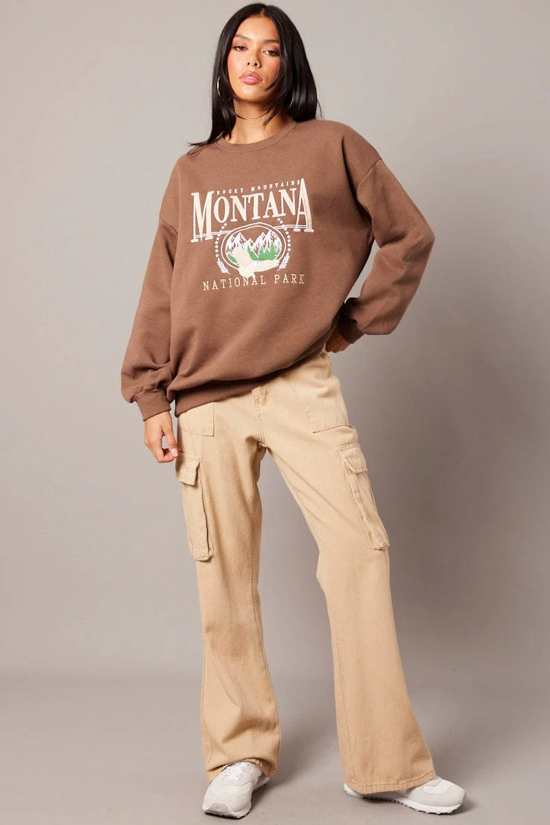 Brown Graphic Sweater Long Sleeve - Image 2