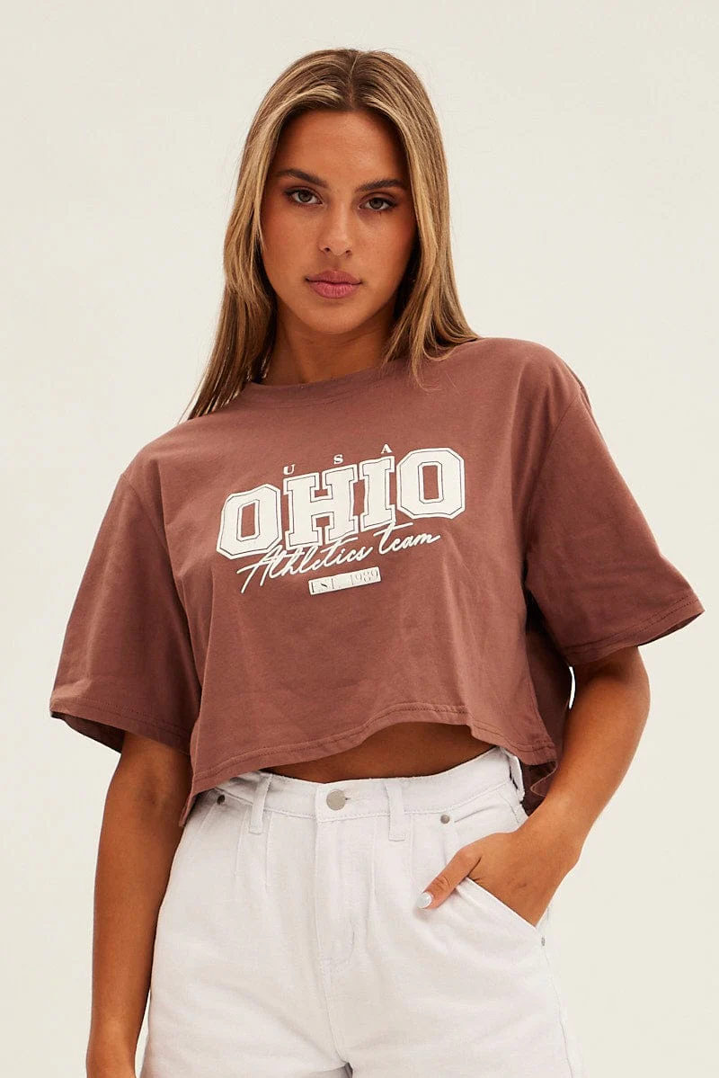 Brown Graphic T-Shirt Ohio Crew Short Sleeve - Image 3