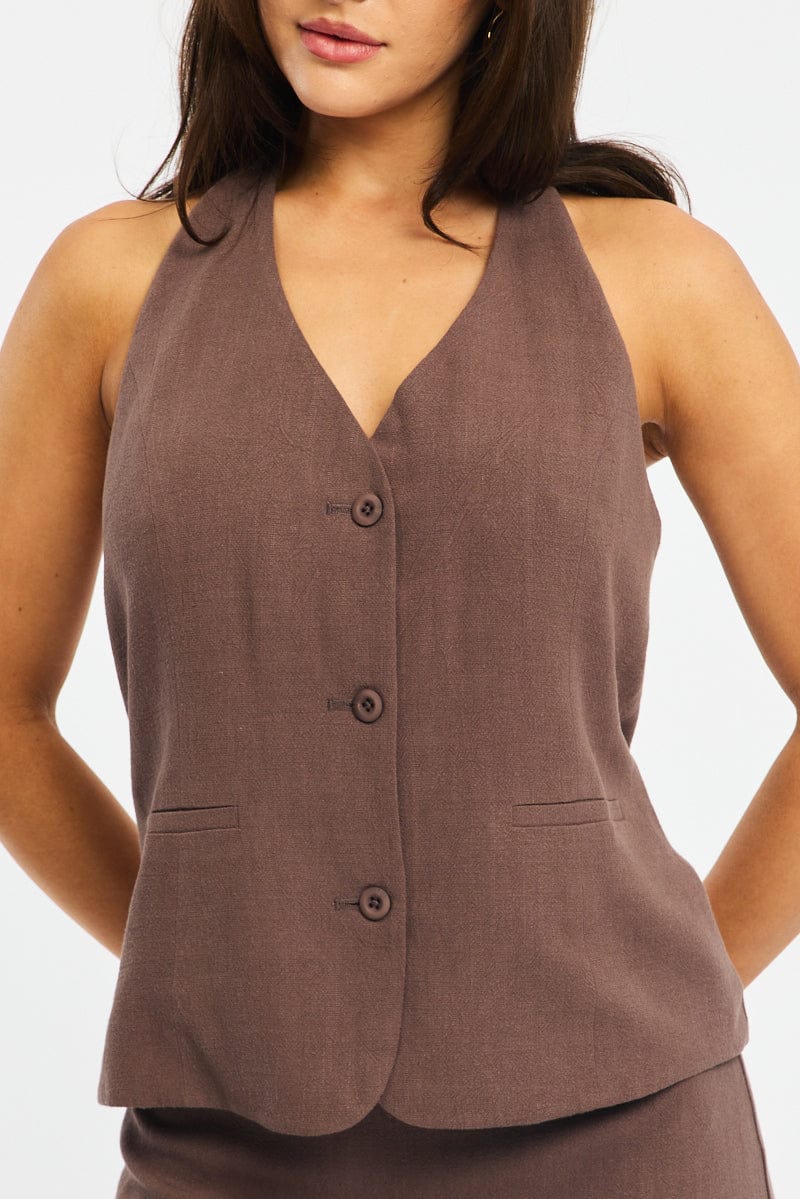 Brown Halter Vest Sleeveless Button Up Linen Blend - Image 6