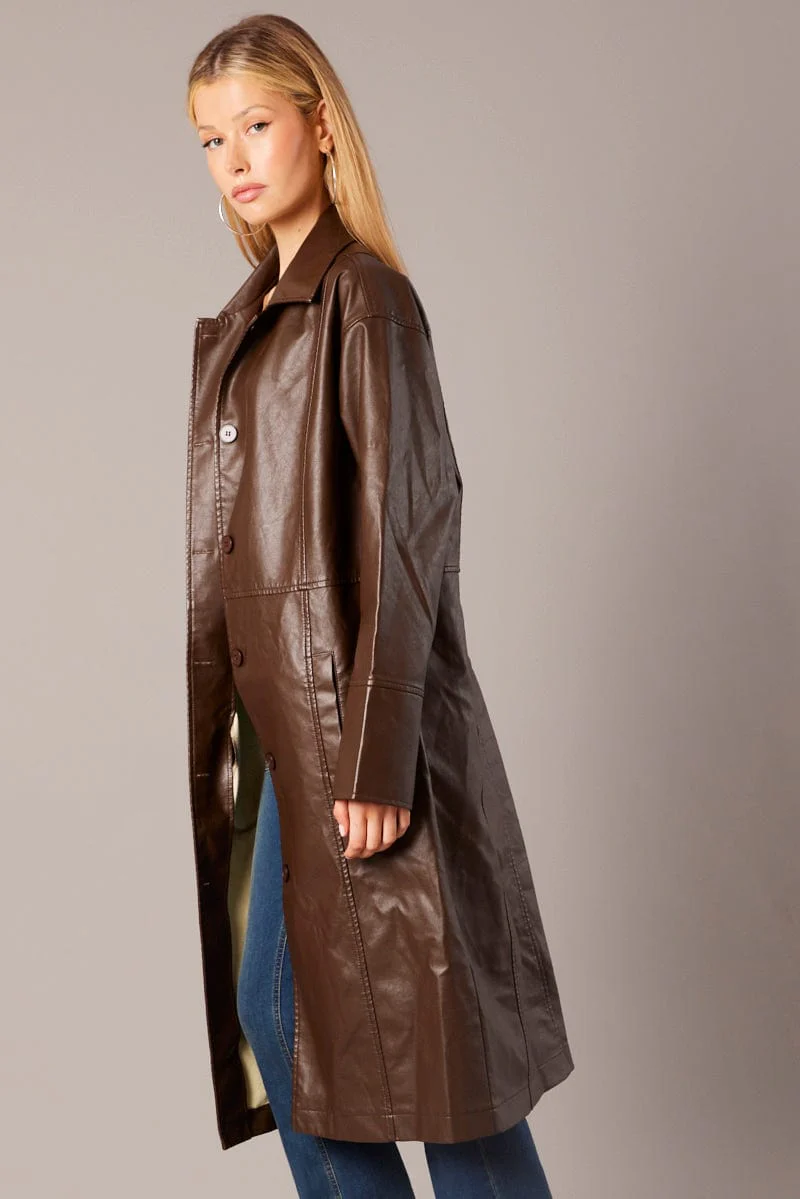 Brown Jacket Longline Collar Long Sleeve Faux Leather - Image 4