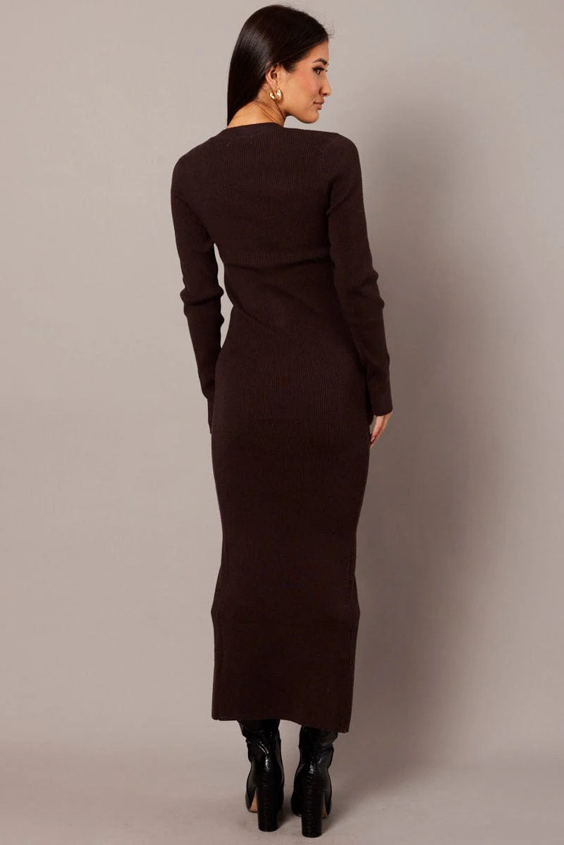 Brown Knit Dress Long Sleeve Button Front - Image 5