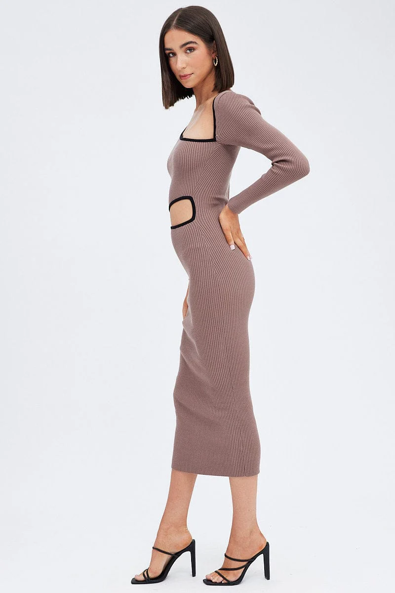 Brown Knit Dress Midi Long Sleeve Cut Out - Image 4