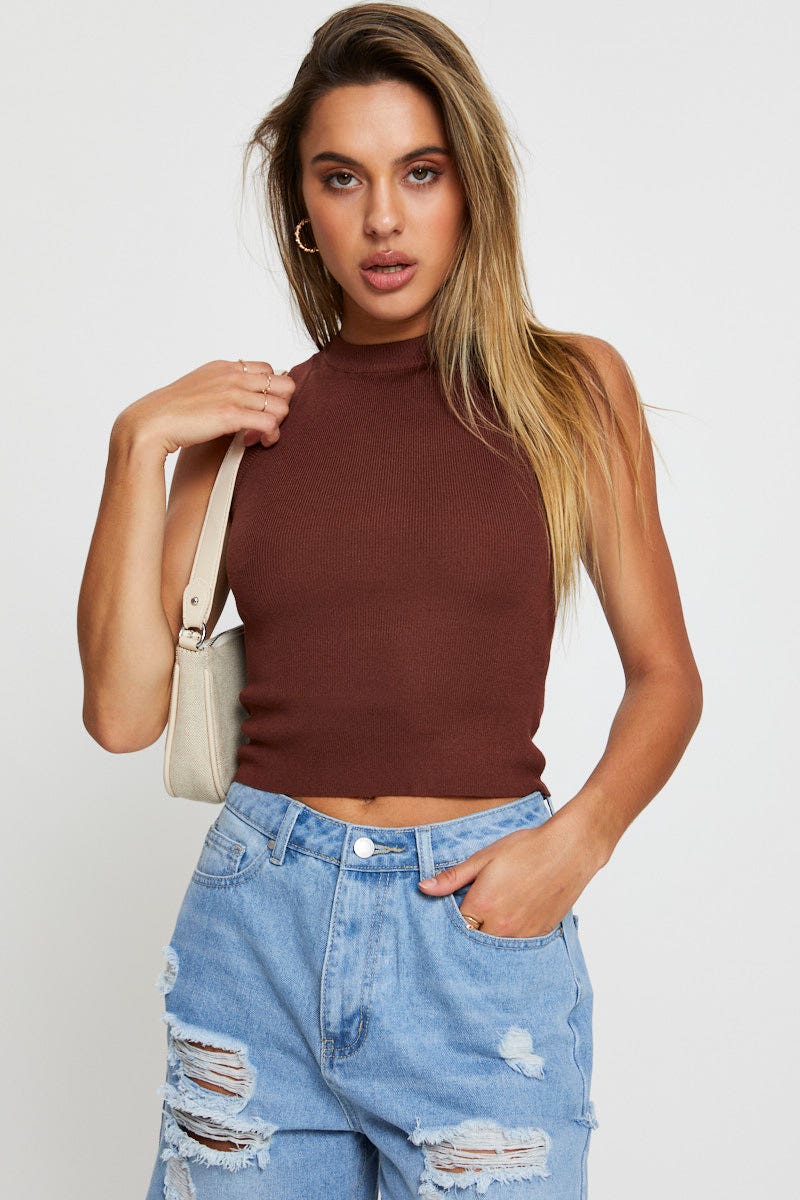 Brown Knit Top Sleeveless - Image 3