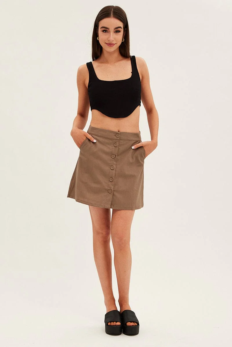 Brown Linen Blend Button Front Mini Skirt - Image 3