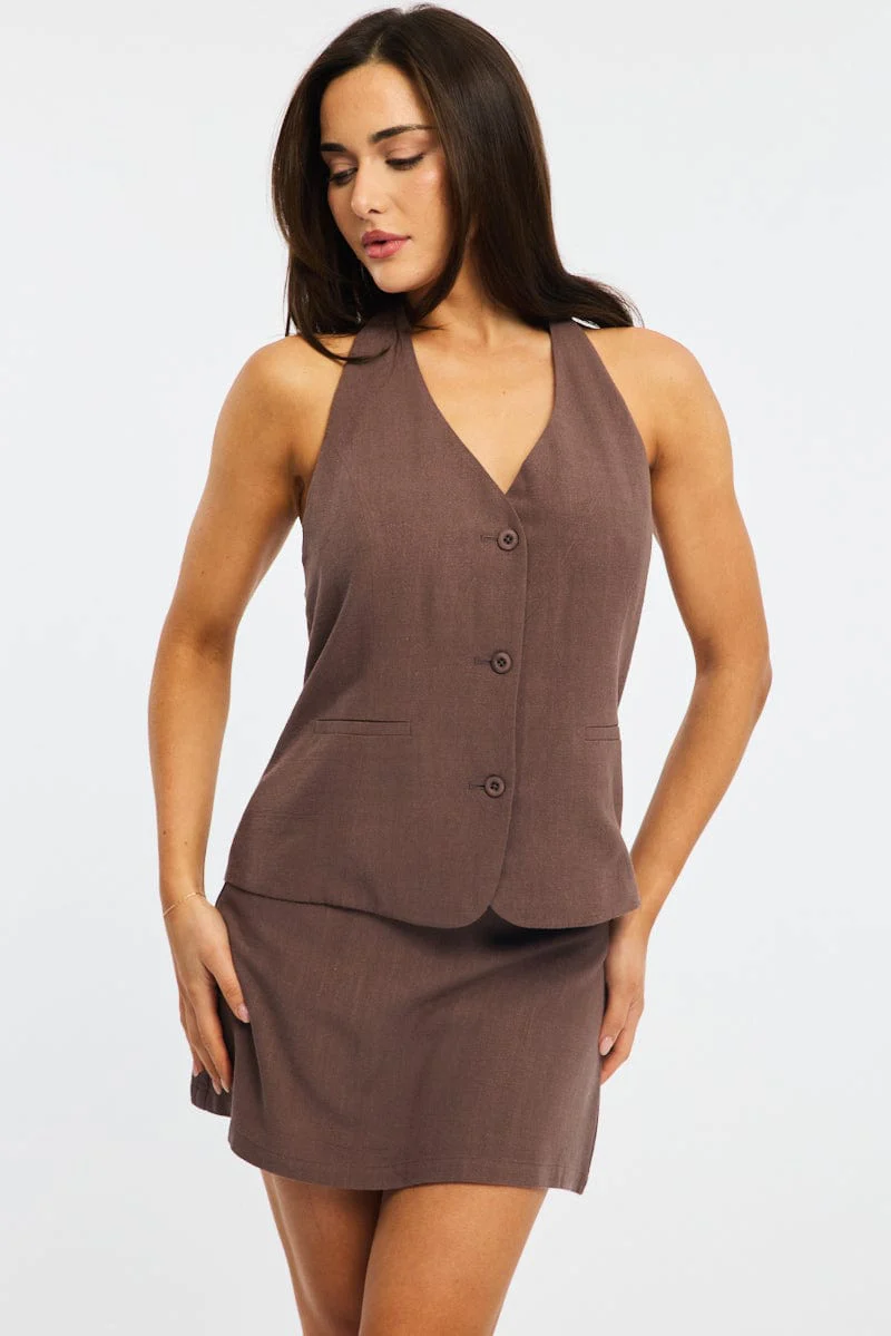 Brown Linen Blend Mini Skort High Rise Shorts Lined - Image 3