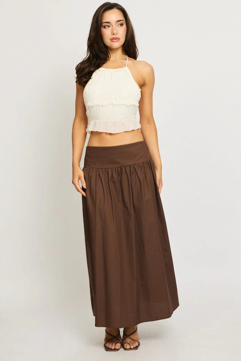 Brown Maxi Skirt Drop Waist Shirred Back - Image 3