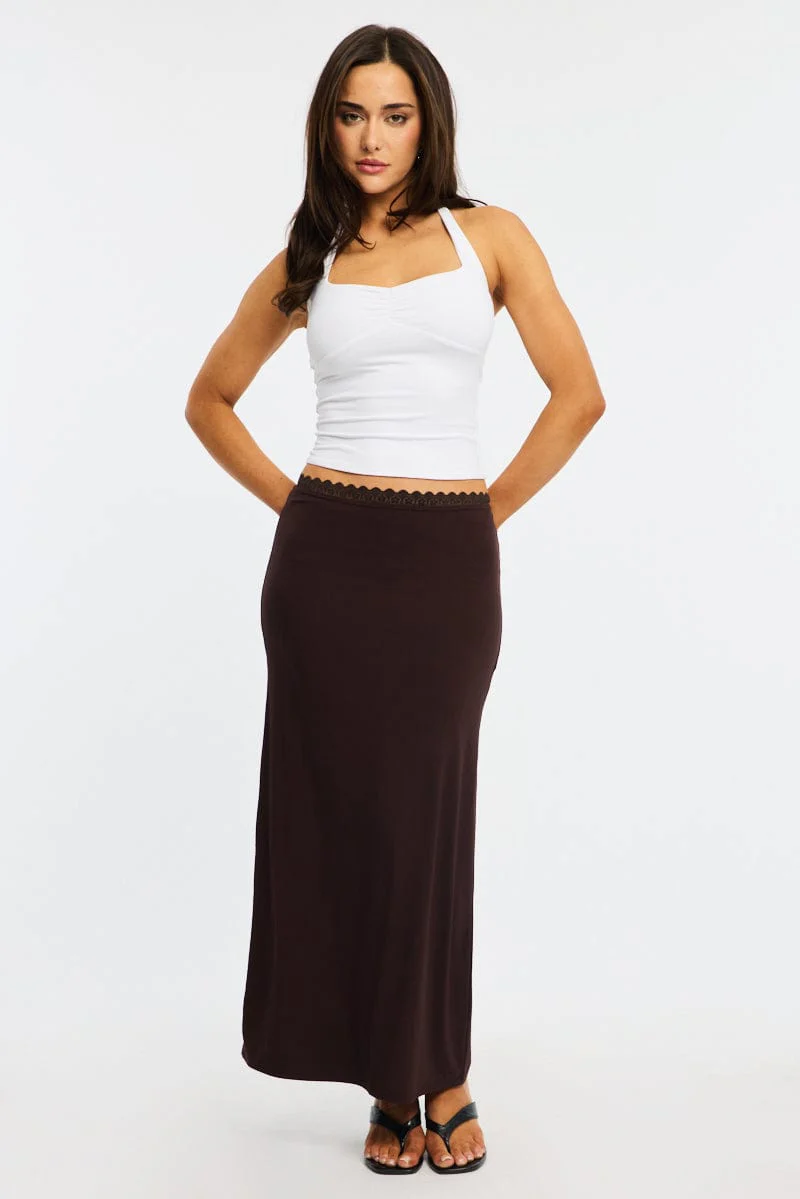Brown Maxi Skirt Elastic Waist Lace Trim Detail Lined