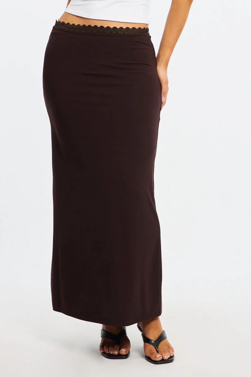 Brown Maxi Skirt Elastic Waist Lace Trim Detail Lined - Image 2