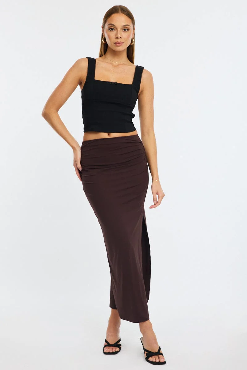 Brown Maxi Skirt Elasticated Waist Bodycon Supersoft