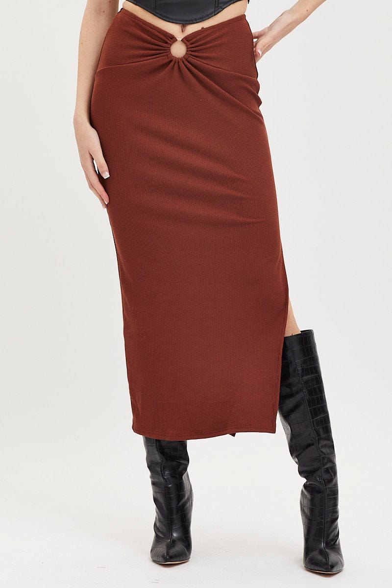 Brown Maxi Skirt High Rise Ring Detial Rib Jersey - Image 2