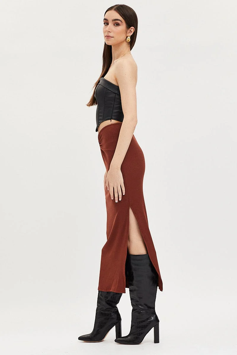 Brown Maxi Skirt High Rise Ring Detial Rib Jersey - Image 4