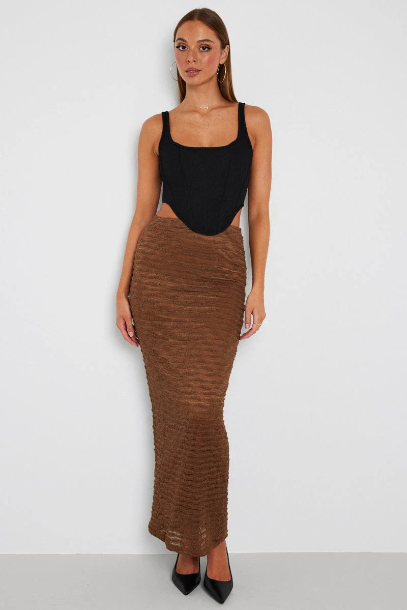 Brown Maxi Skirt High Rise Textured Fabric - Image 2