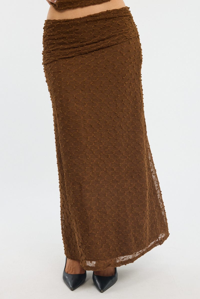 Brown Maxi Skirt Textured Gathered Waist Stretch Lined - Image 2