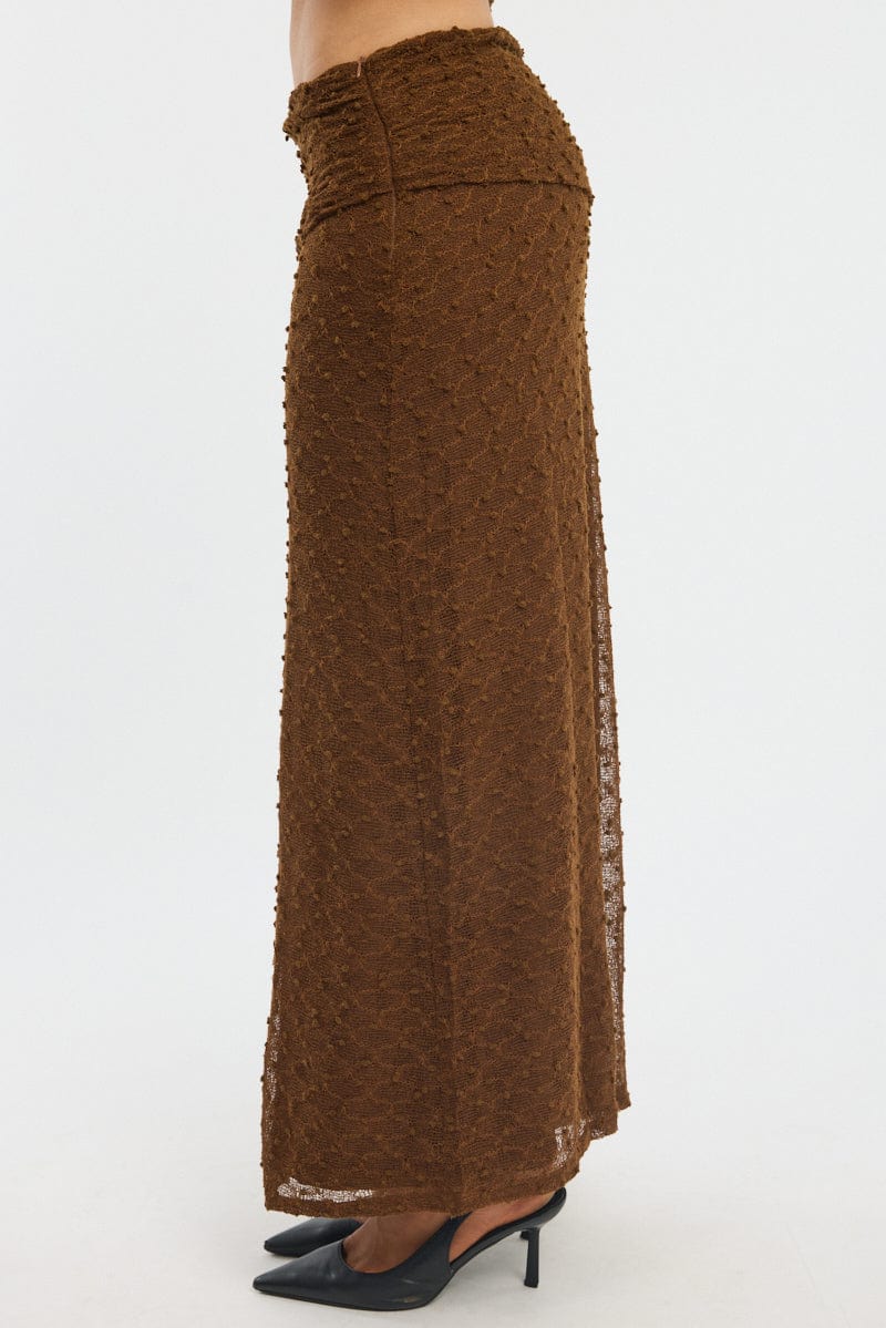 Brown Maxi Skirt Textured Gathered Waist Stretch Lined - Image 3