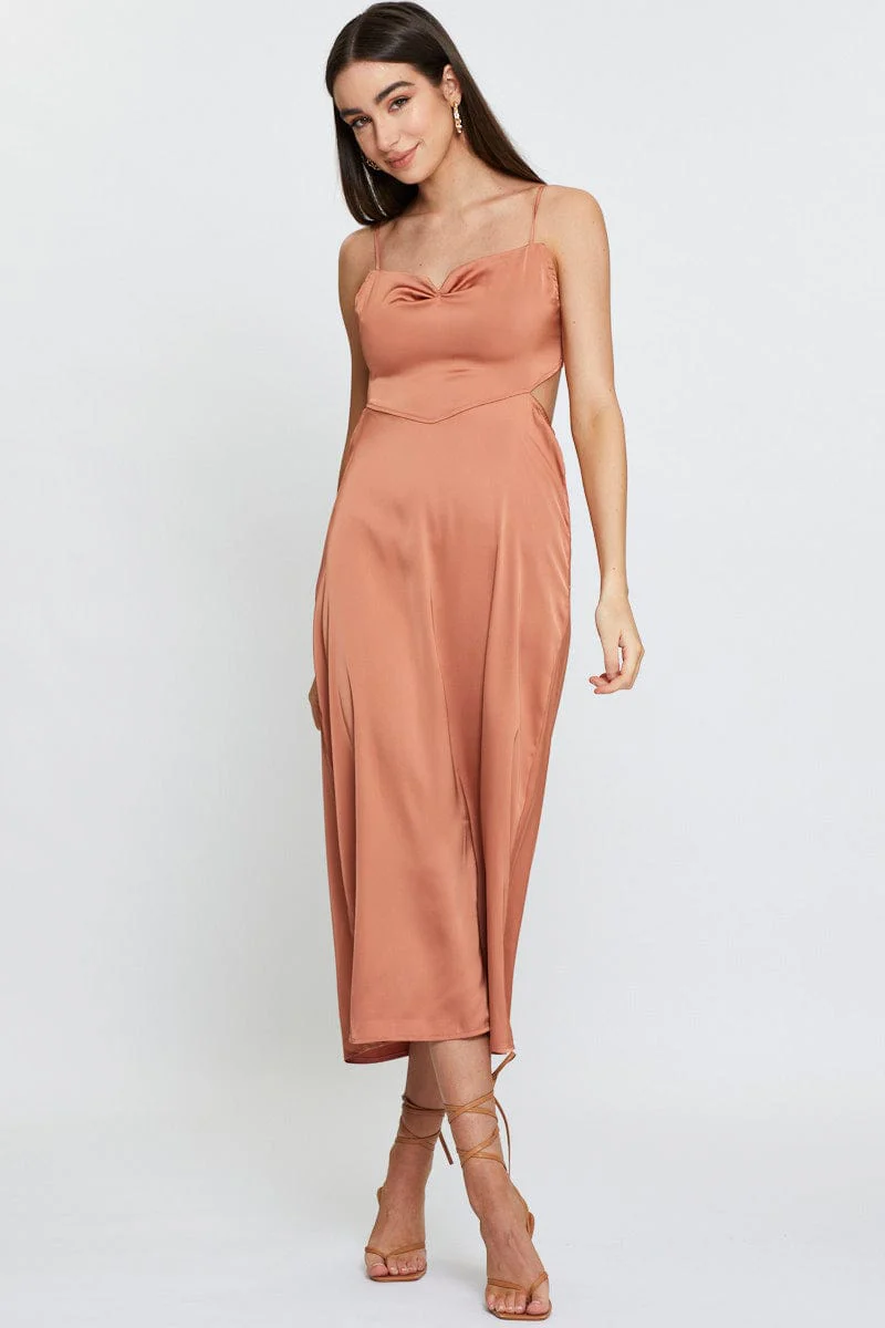 Brown Midi Dress Cowl Neck Satin - Image 3