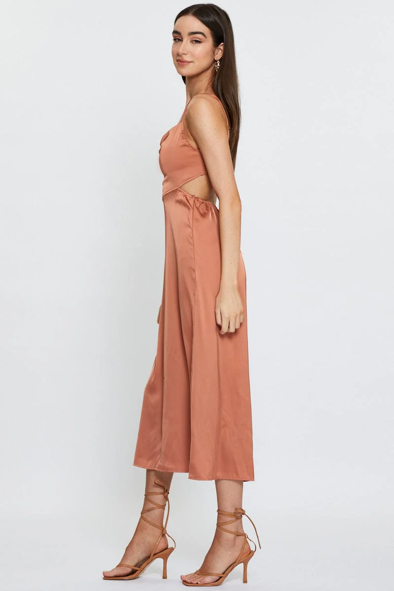 Brown Midi Dress Cowl Neck Satin - Image 4