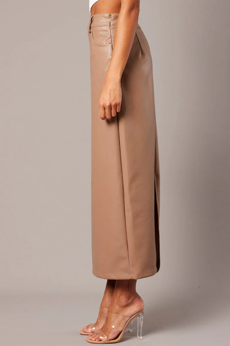 Brown Midi Skirt Faux Leather - Image 4
