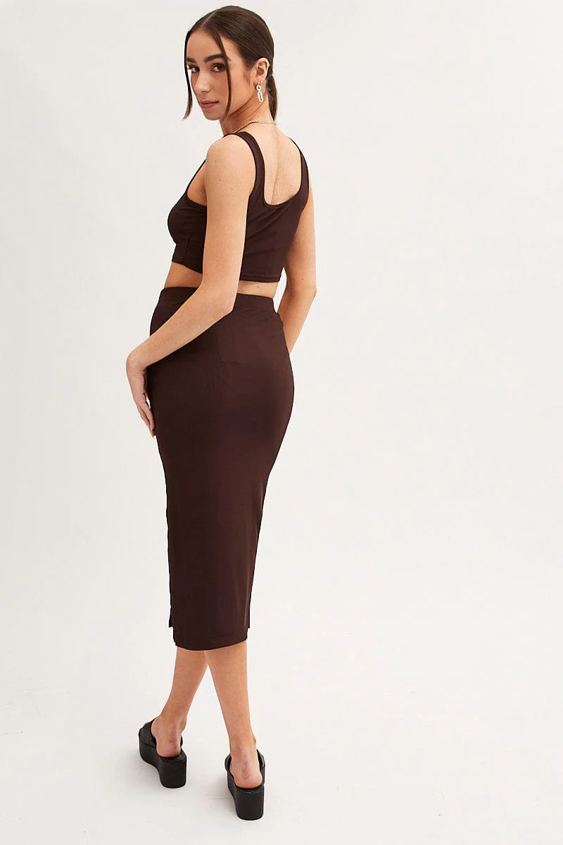 Brown Midi Skirt Front Split Jersey - Image 5