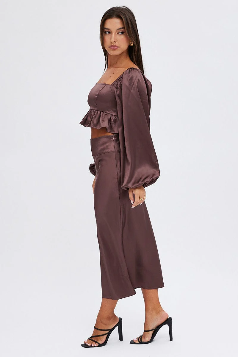 Brown Midi Skirt High Waisted Satin Bias Cut - Image 4