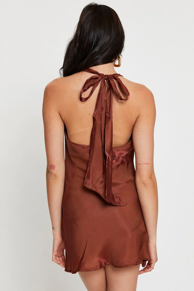 Brown Mini Dress Cowl Neck Satin - Image 4