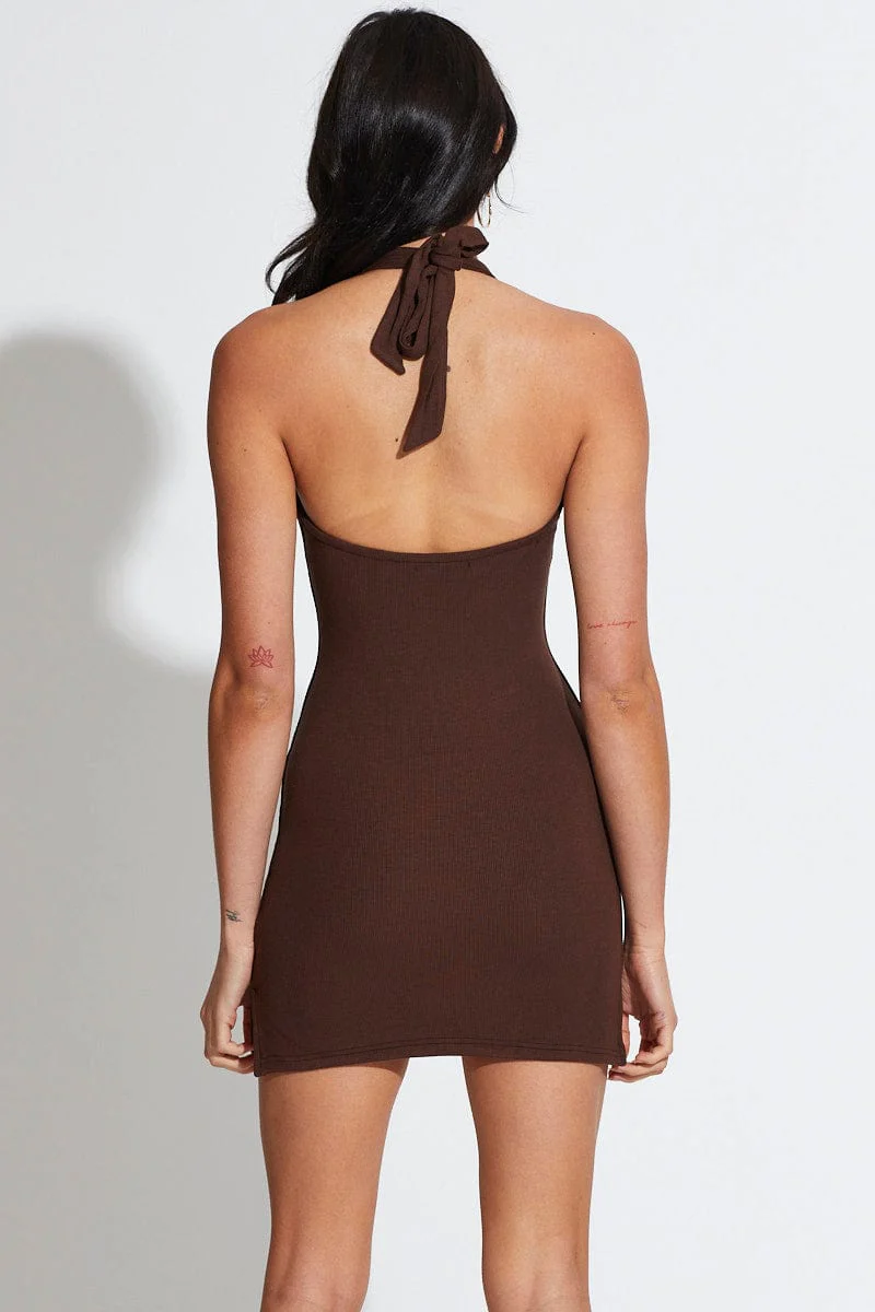 Brown Mini Dress Halter Neck - Image 4