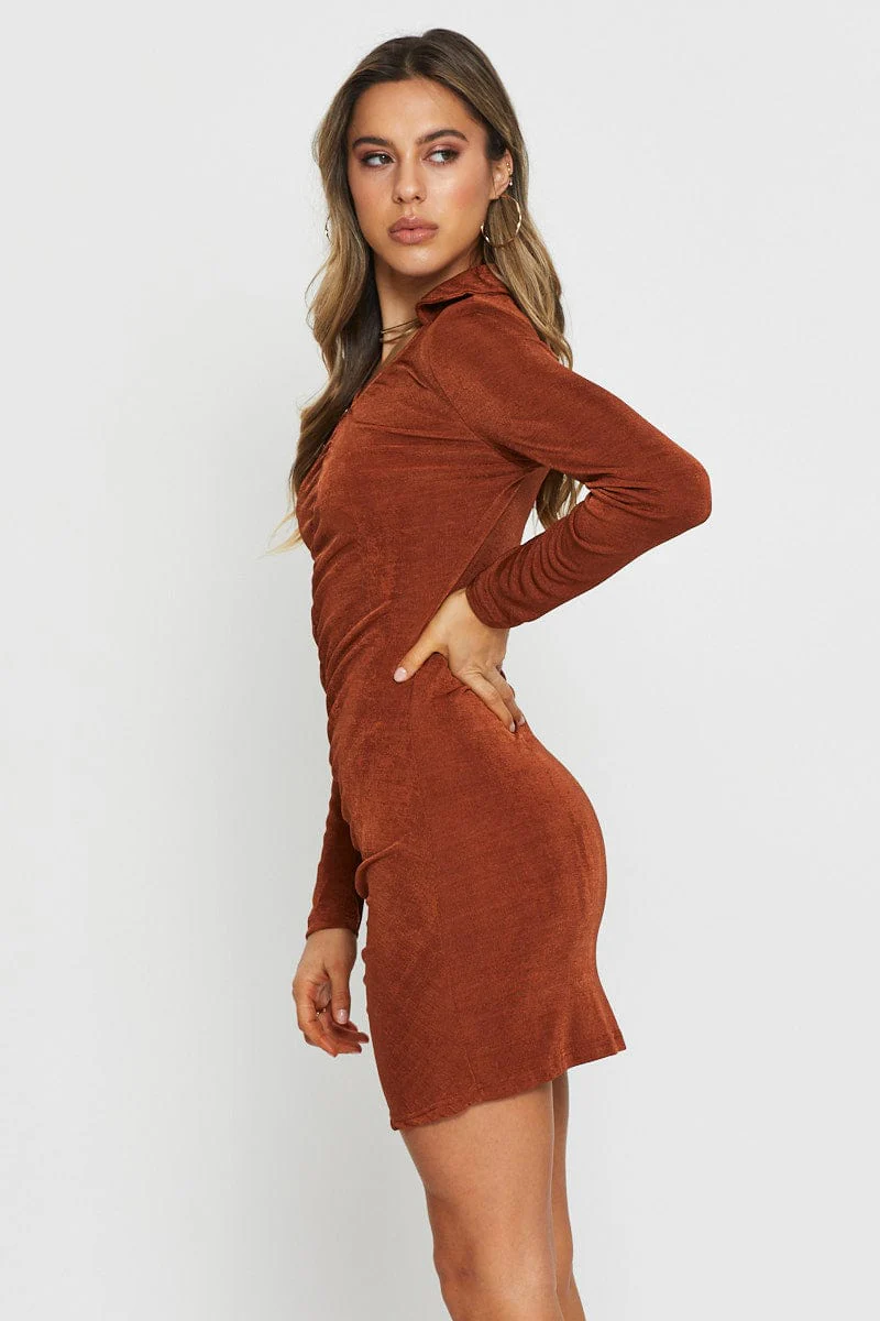 Brown Mini Dress Long Sleeve - Image 3