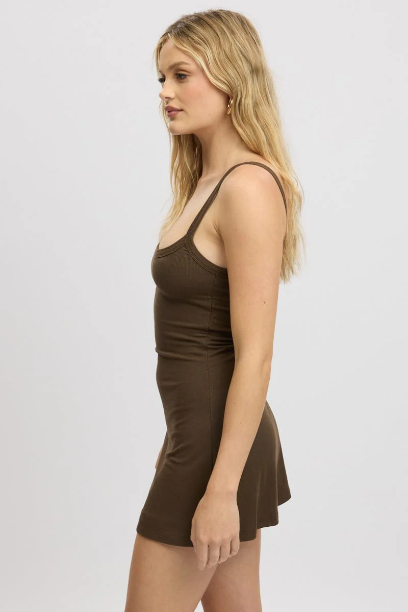 Brown Mini Dress Sleeveless Rib A-Line - Image 4