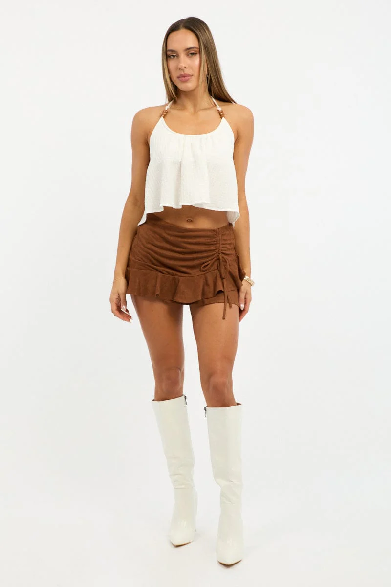 Brown Mini Skirt Mid Waisted Ruched Ruffle Faux Suede - Image 2