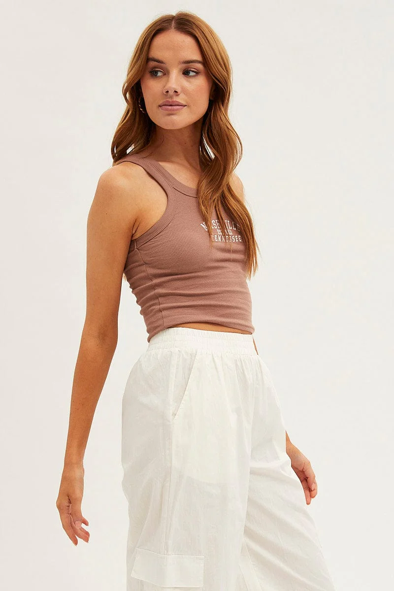 Brown Nashville Embroidered Crop Singlet Top - Image 4
