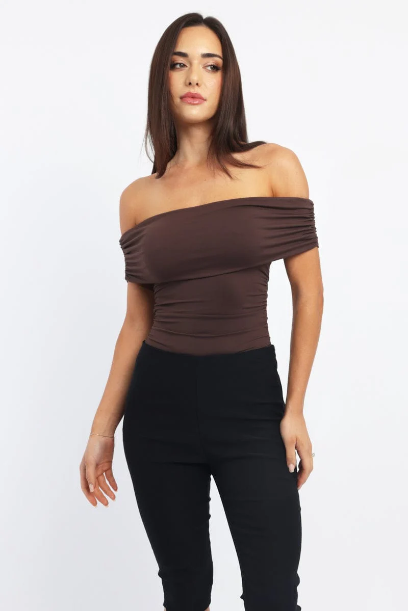 Brown Off Shoulder Bodysuit Supersoft - Image 2