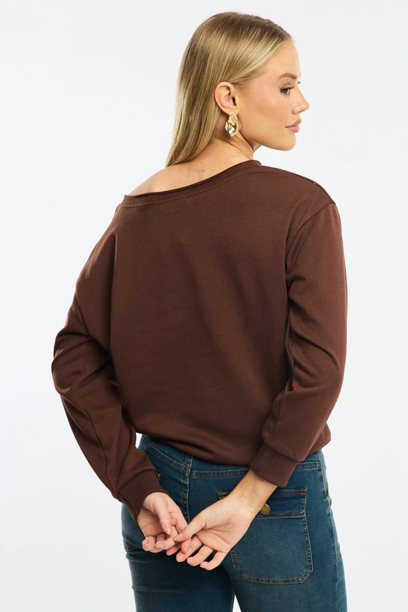 Brown Off Shoulder Sweater Long Sleeve - Image 4