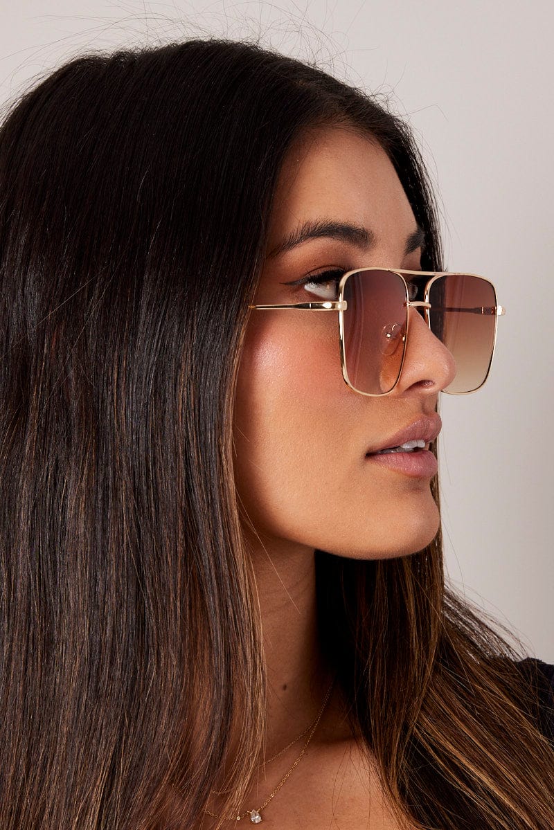 Brown Oversized Metal Frame Sunglasses - Image 2