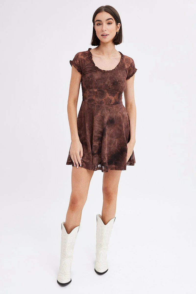 Brown Paisley Mini Dress Short Sleeve Scoop Neck Fit & Flare - Image 2