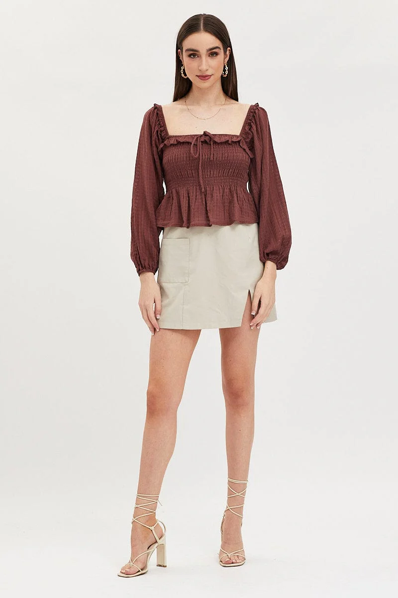 Brown Peplum Top Long Sleeve Semi Crop - Image 2