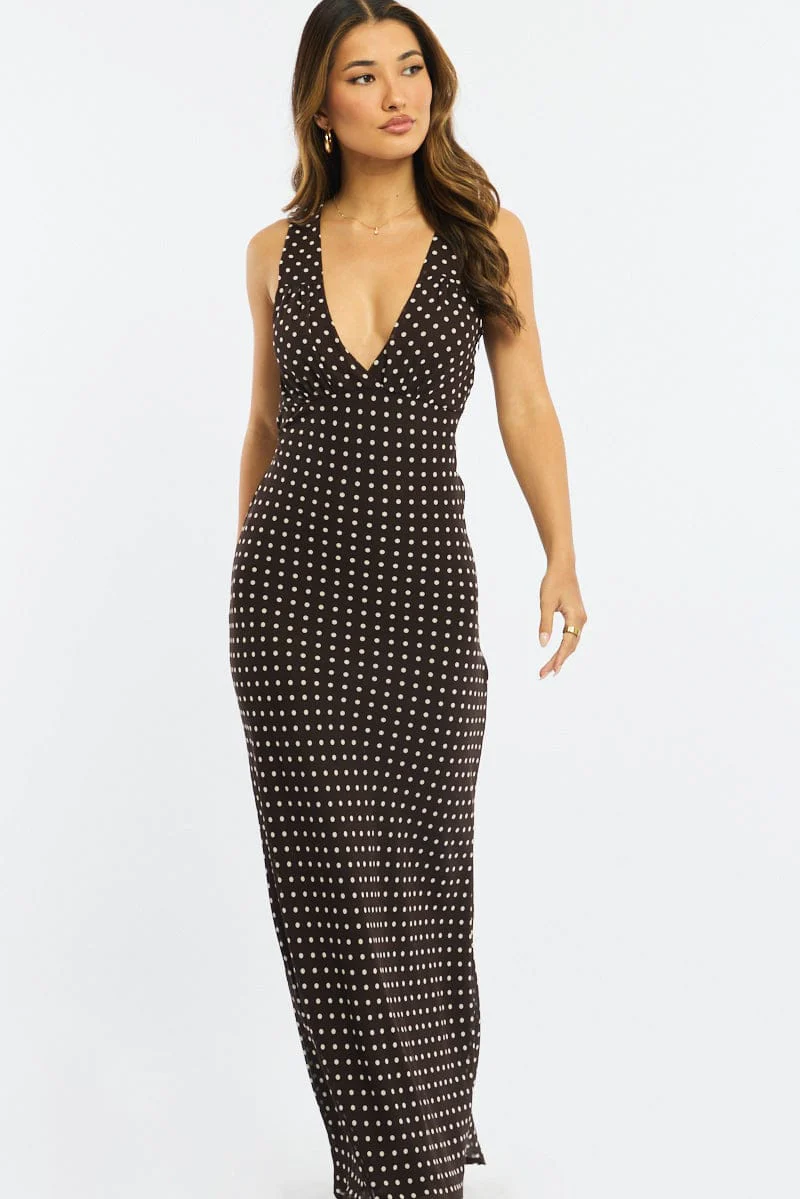 Brown Polka Dot Maxi Dress V-neck Chiffon - Image 2