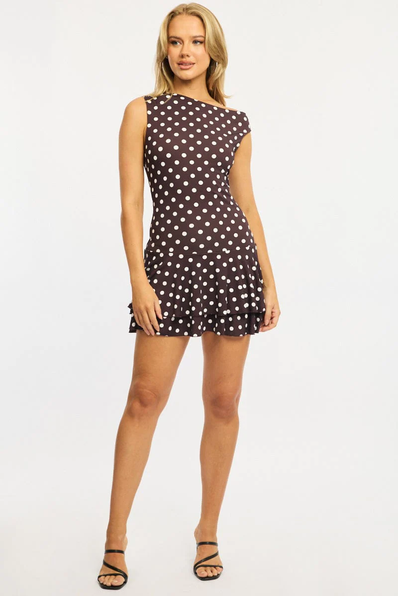 Brown Polka Dot Mini Dress Off Shoulder Mesh - Image 2