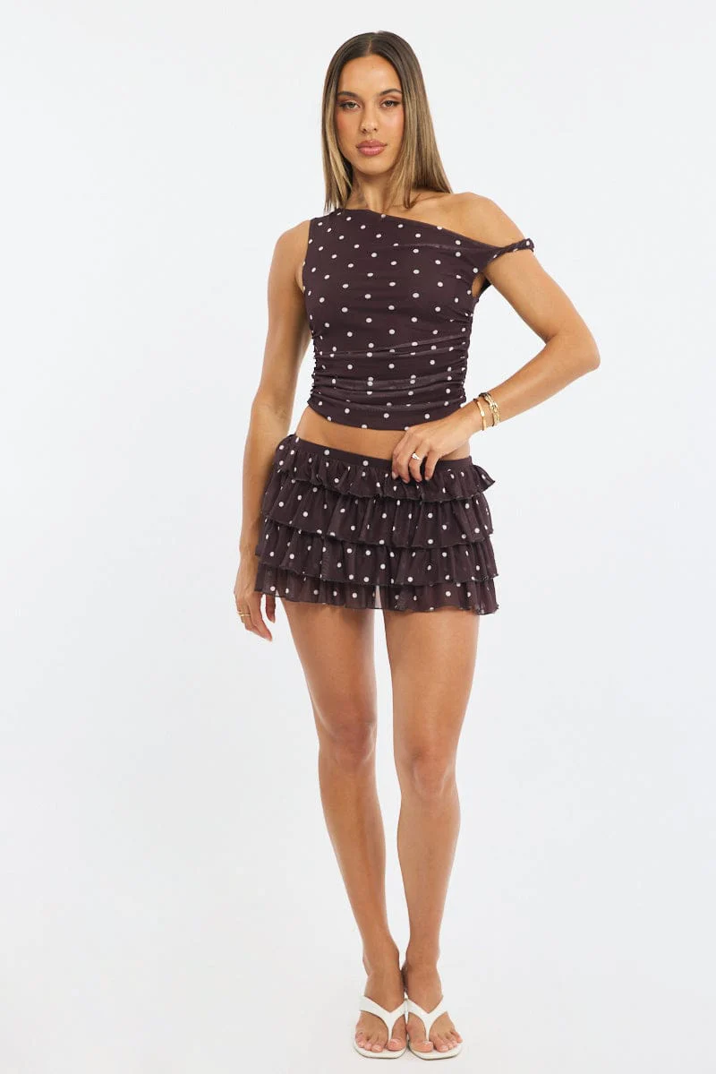 Brown Polka Dot Polka Dot Mesh Top Twist Off Shoulder - Image 2