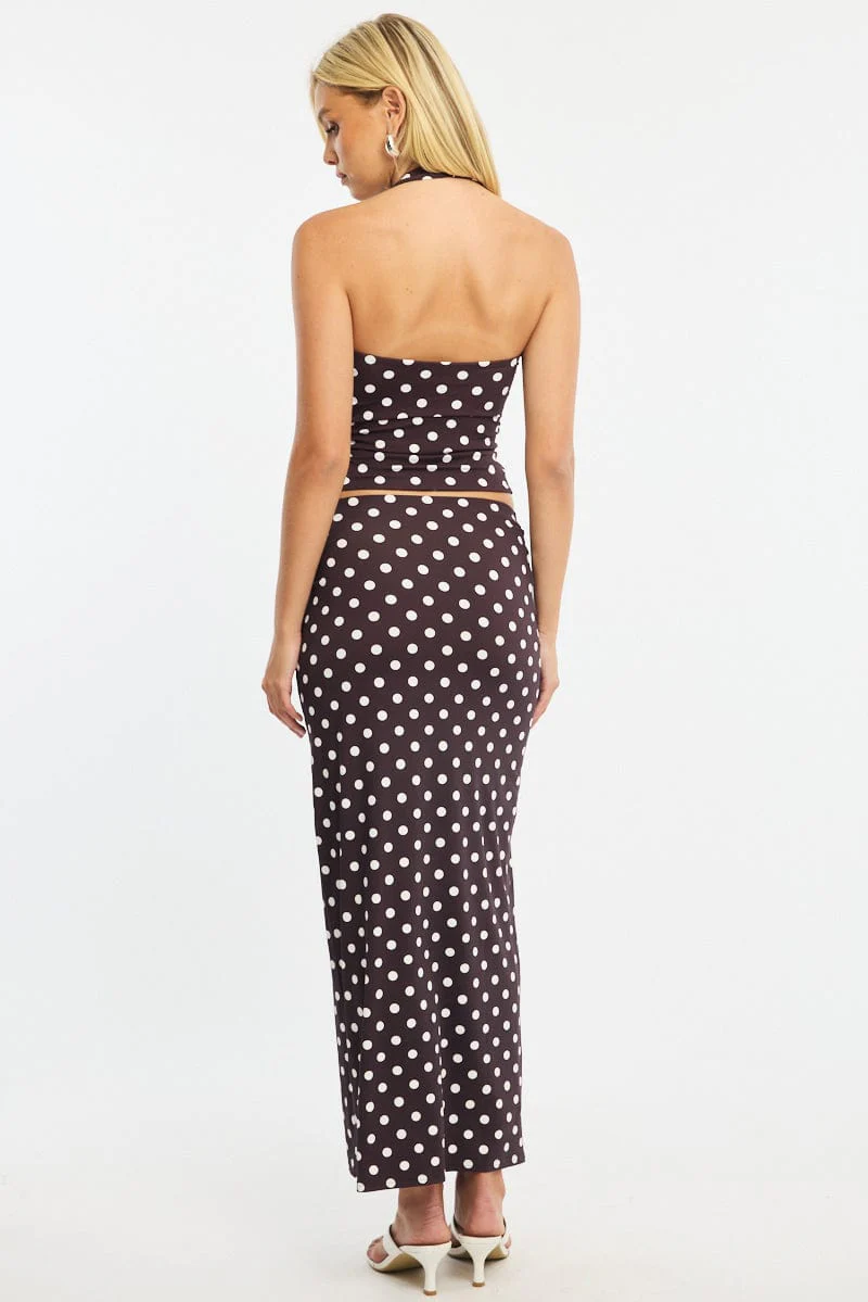 Brown Polka Dot Supersoft Maxi Skirt Elastic Waist Lined - Image 4