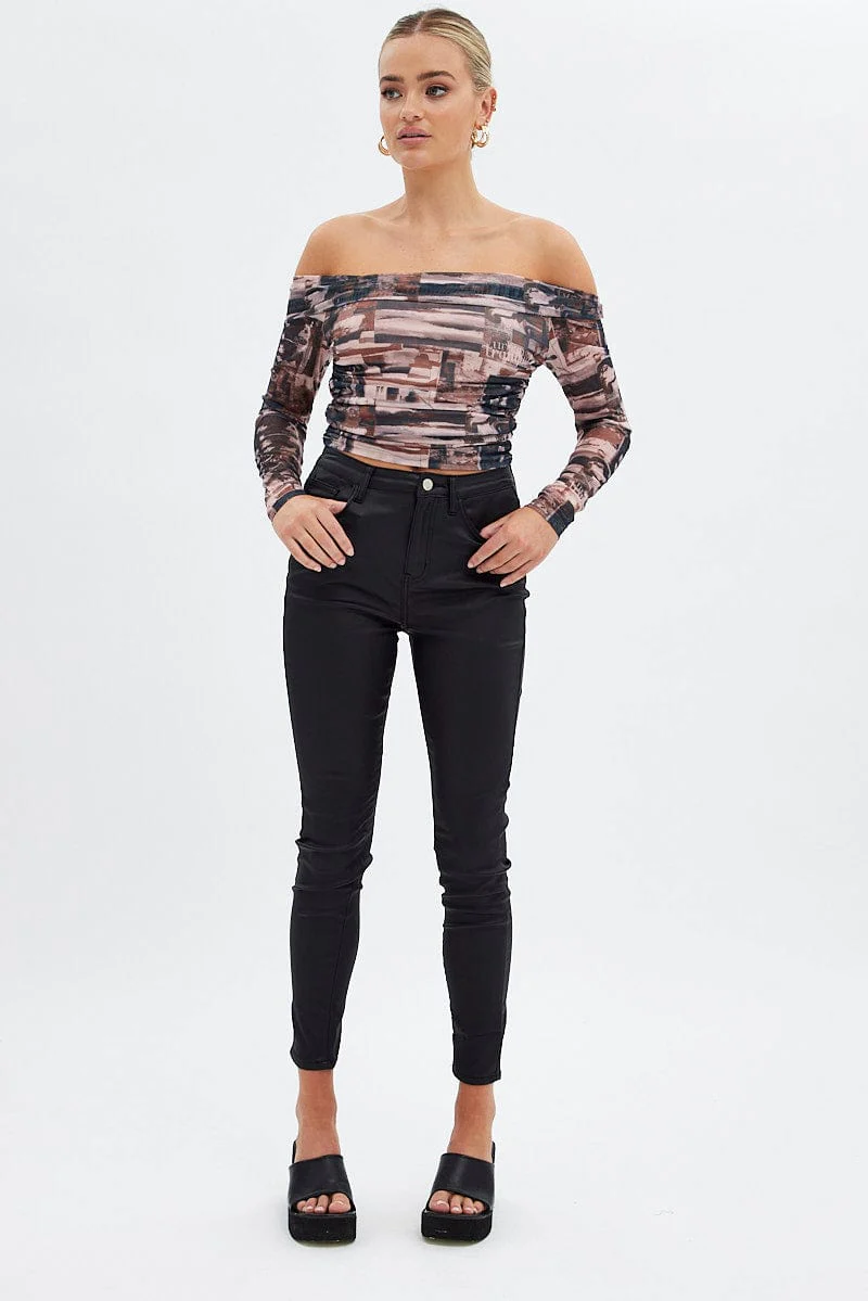 Brown Print Bardot Top Long Sleeve Off Shoulder Mesh Crop - Image 2