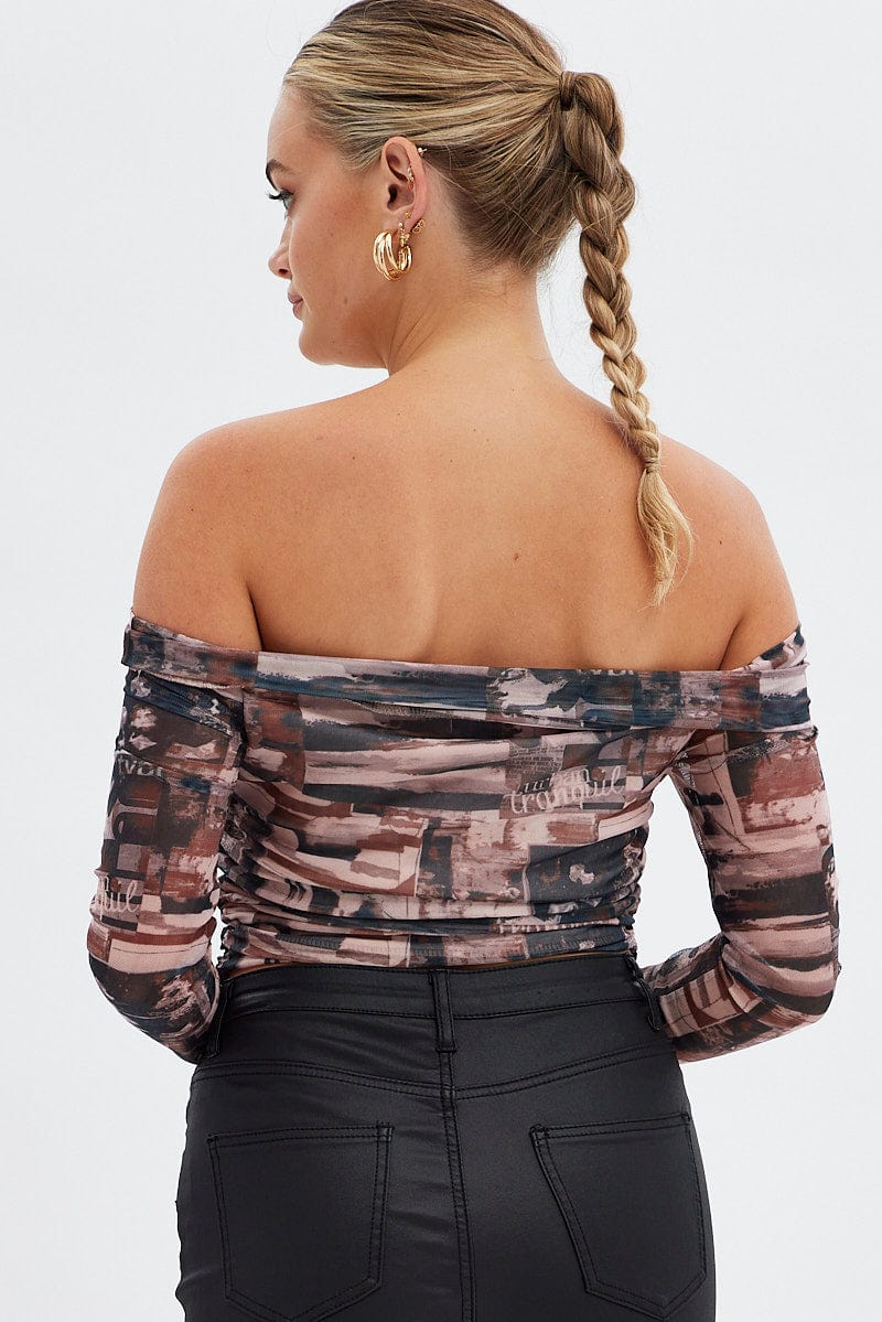 Brown Print Bardot Top Long Sleeve Off Shoulder Mesh Crop - Image 5