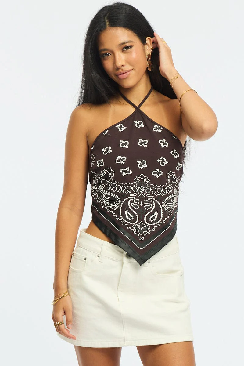Brown Print Halter Top