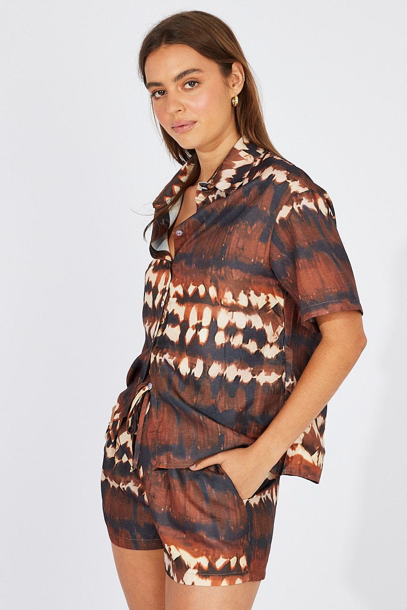 Brown Print Oversized Shirt and Pull on Shorts Set - Image 4