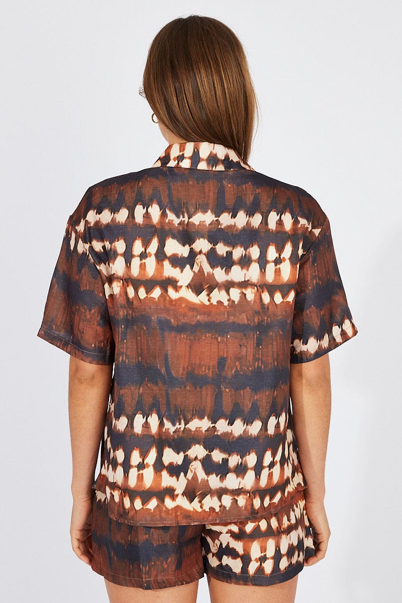 Brown Print Oversized Shirt and Pull on Shorts Set - Image 5