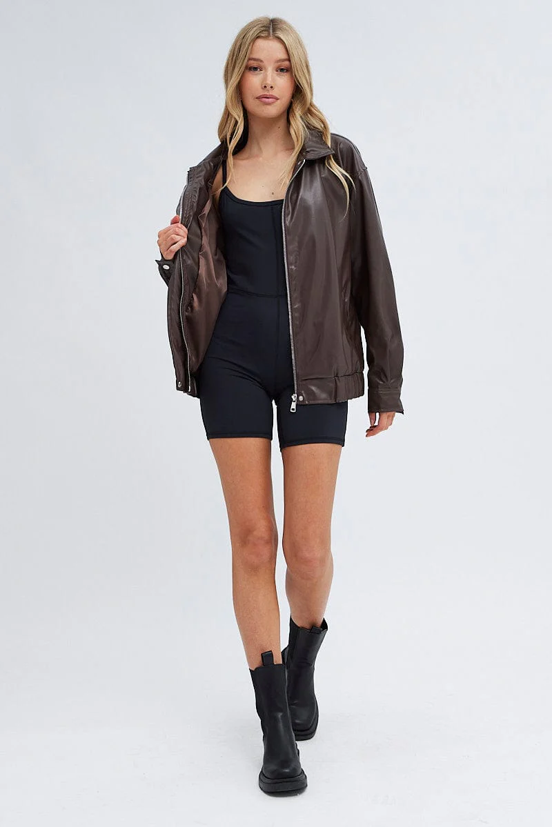 Brown PU oversized Jacket - Image 2