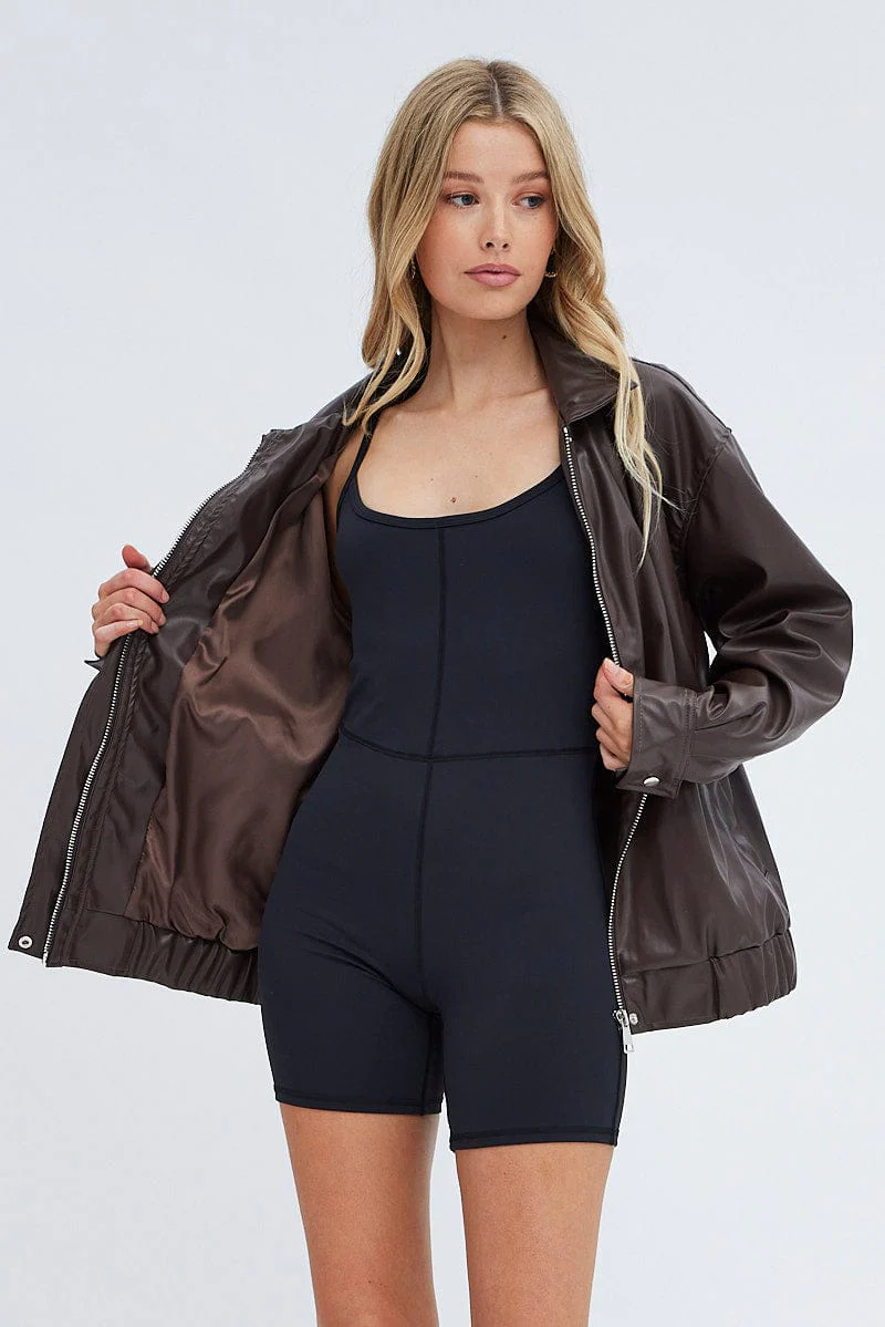 Brown PU oversized Jacket - Image 3