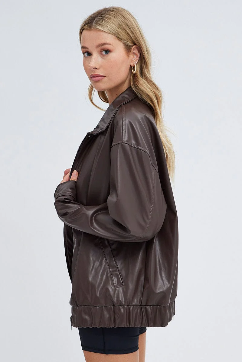 Brown PU oversized Jacket - Image 4