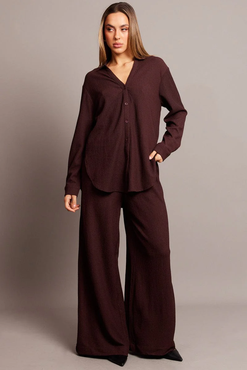 Brown Relaxed Shirt Long Sleeve Textured - Image 2