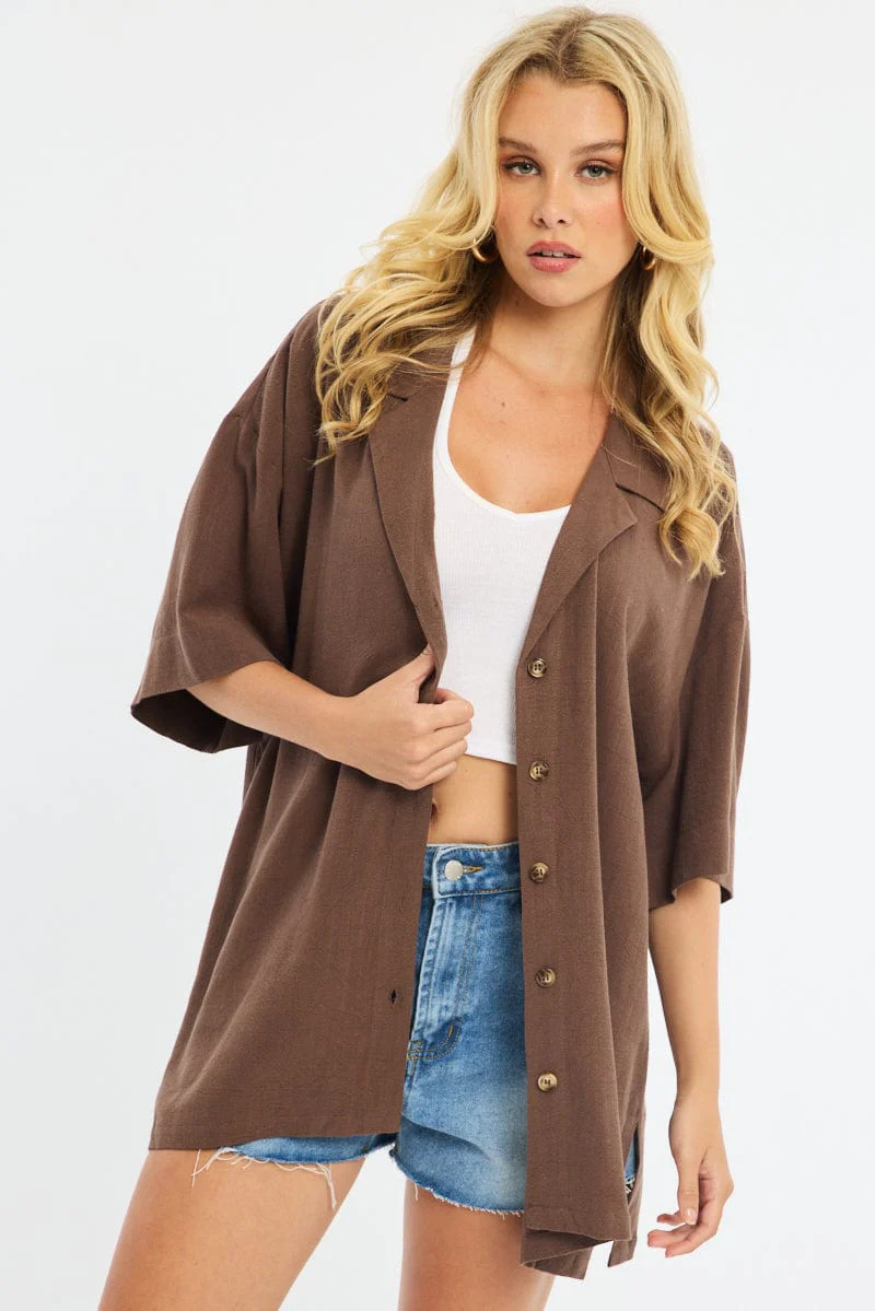 Brown Relaxed Shirt Short Sleeve Collared Linen Blend