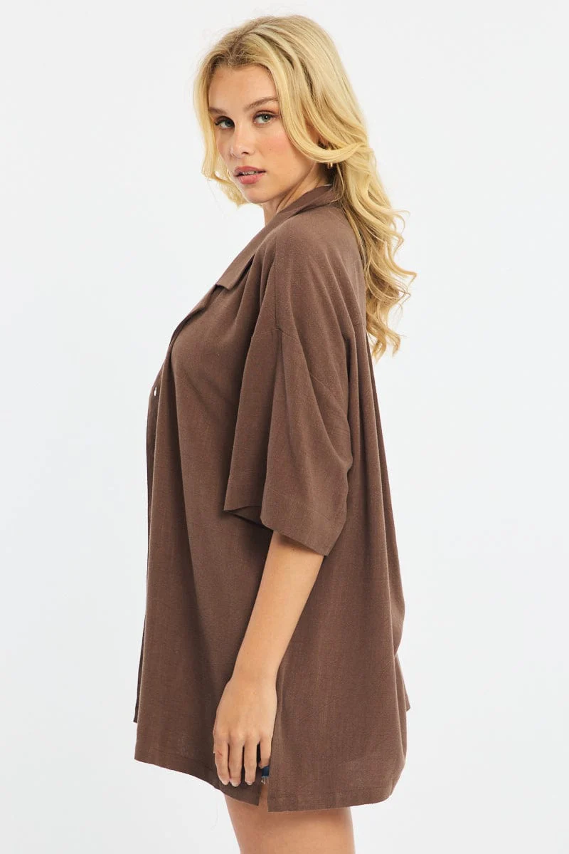 Brown Relaxed Shirt Short Sleeve Collared Linen Blend - Image 3